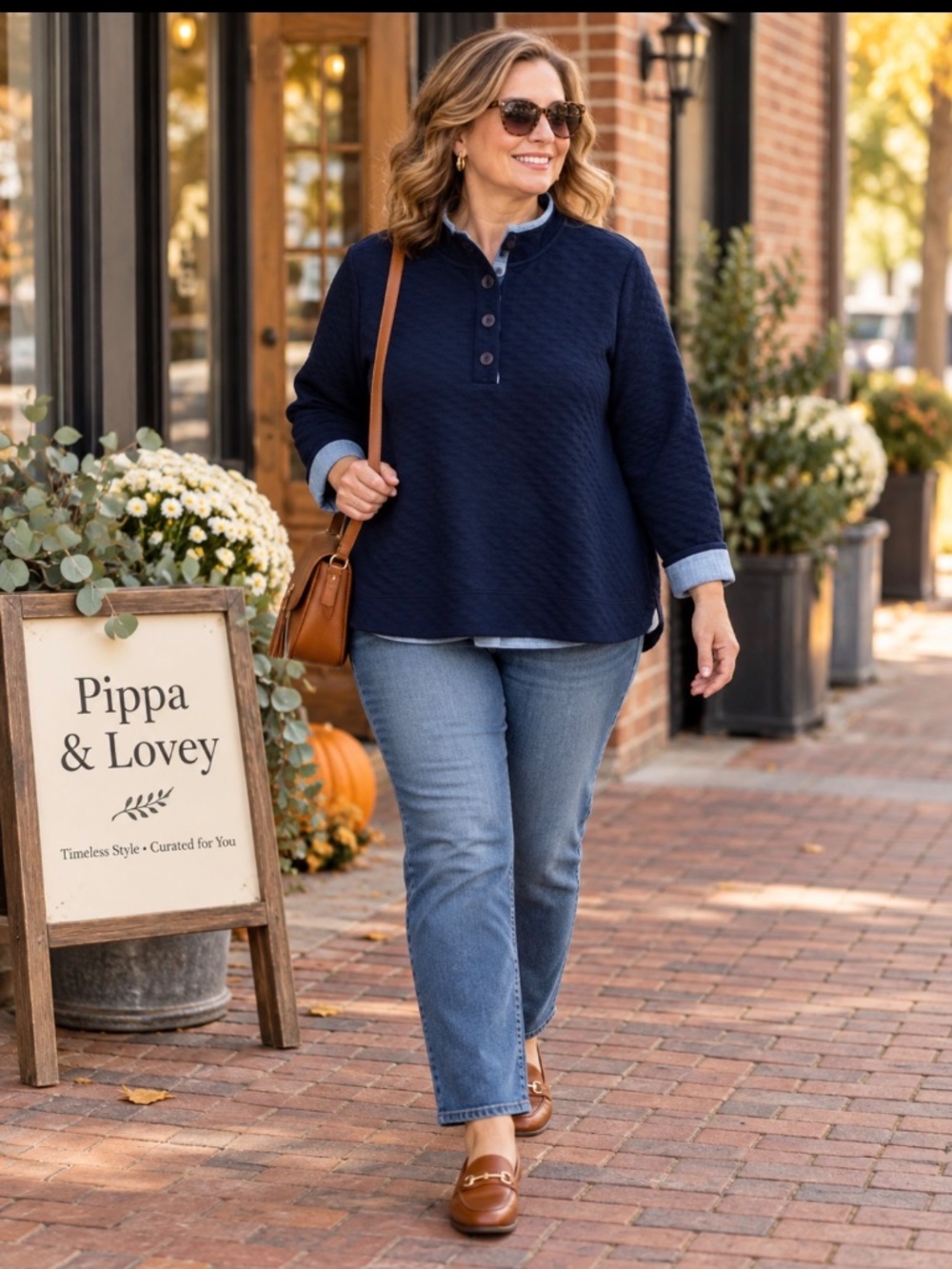 Crown & Ivy Curvy Navy Quilted Chambray Trim Pullover | 1X